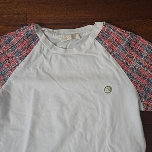 White T-Shirt with Plaid Sleeves